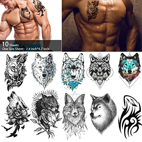 50 Sheets Forearm Half Sleeve Wolf Temporary Tattoos For Men Women Adults Fake Tattoos 3D Large Tribal Wolf Coyote Fake Tattoo Stickers Black Realistic Animals Art Tattoo #TOP1