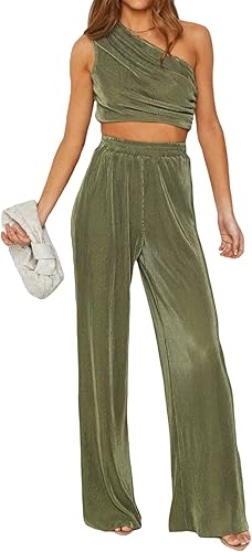 Bowiln Women's 2 Pieces Pants Outfits Velvet Ruched One Shoulder Crop Tank Tops High Waist Wide Leg Long Pants Set Casual