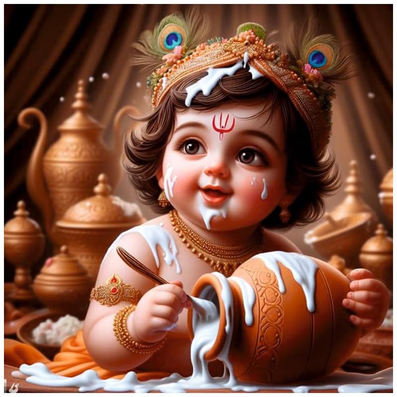 Image of British Terminal Cute little Bal Gopal Baby God Krishna| Kanha Ji | Laddu Lord Makhan Chor Painting Religious Poster for Pregnant Women for wall (matt thin vinyl,sticker,multicolor,unframed)| bj407