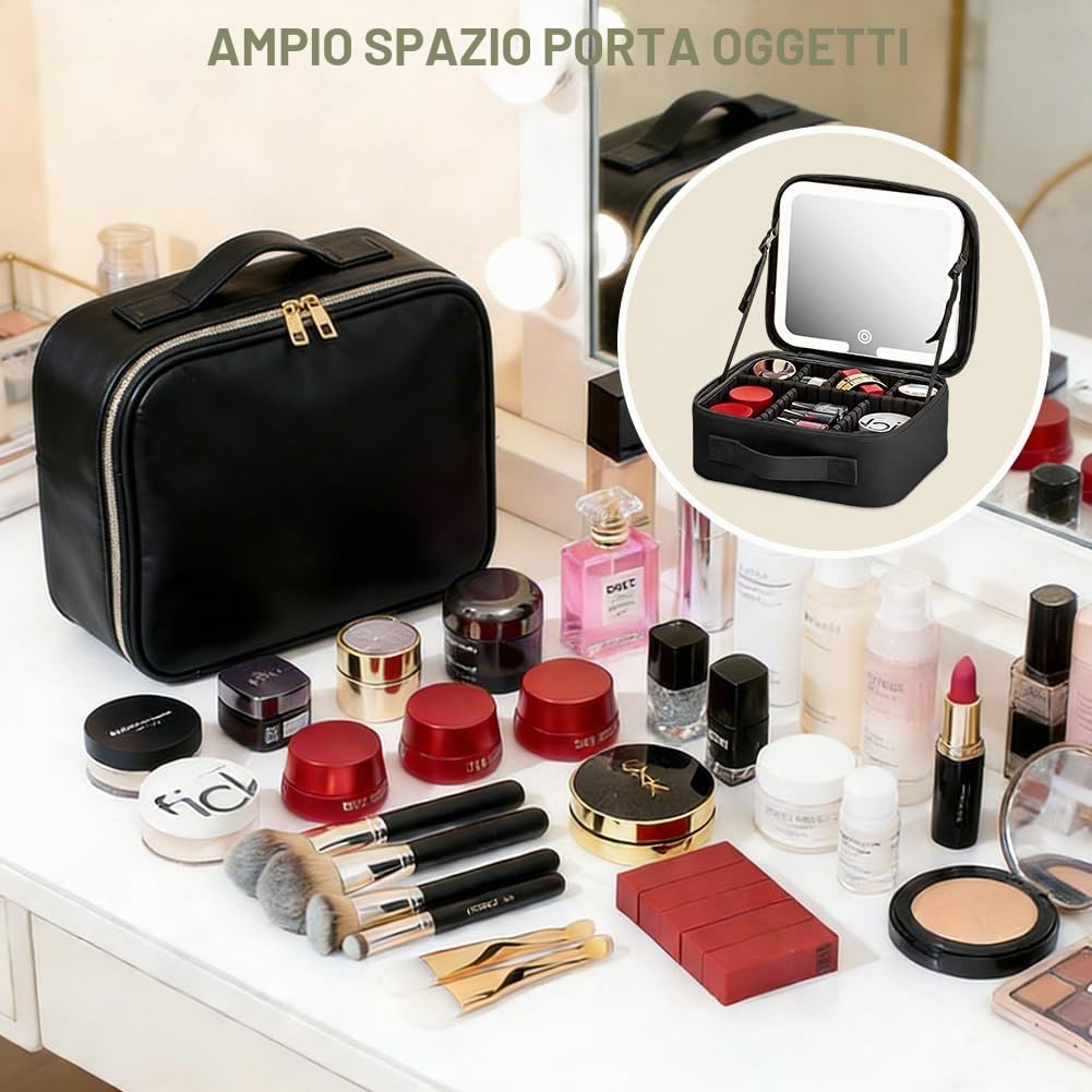 Trousse per cosmetici con specchio e luce, da viaggio con specchio illuminato, 3 colori LED, per trucco, da viaggio, con scomparti, Nero , Beauty case