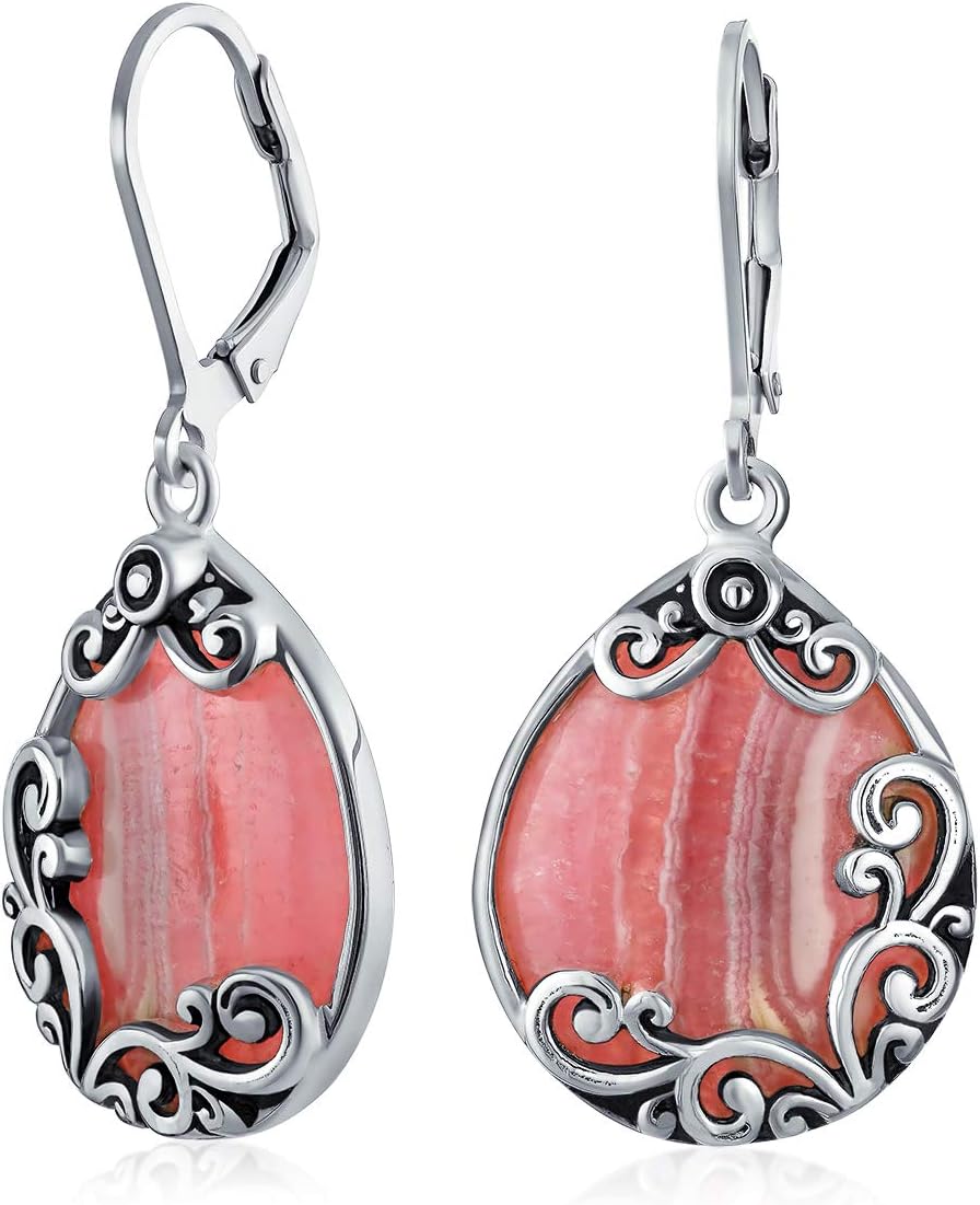 Boho Western Birthstones Semi Precious Gemstone Large Flat Teardrop Filigree Scroll Lever Back Dangle Earrings For Women Oxidized .925 Sterling Silver