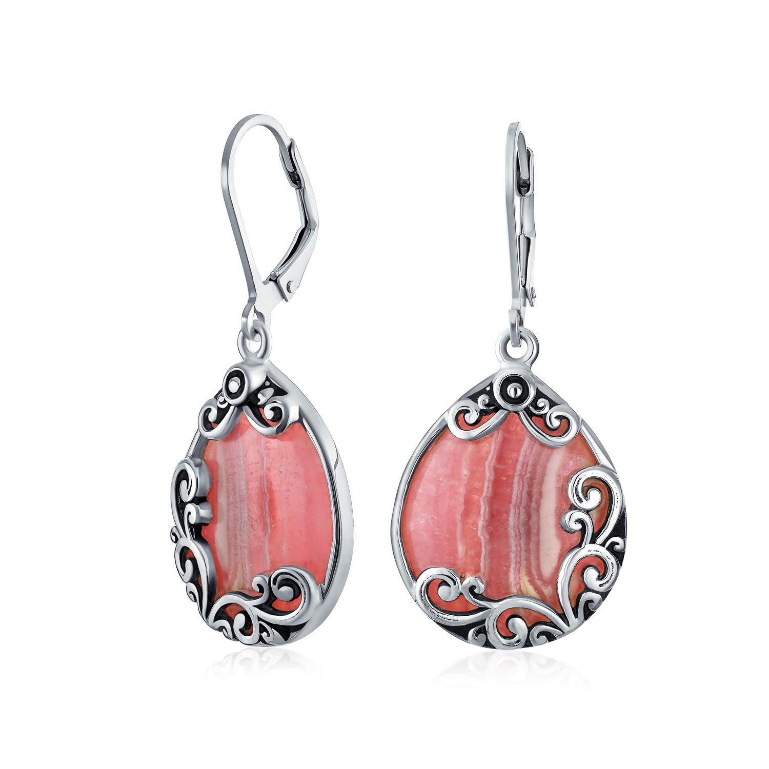 Bling Jewelry Boho Western Large Flat Teardrop Natural Gemstones Filigree Scroll Lever Back Dangle Earrings Oxidized .925 Sterling Silver