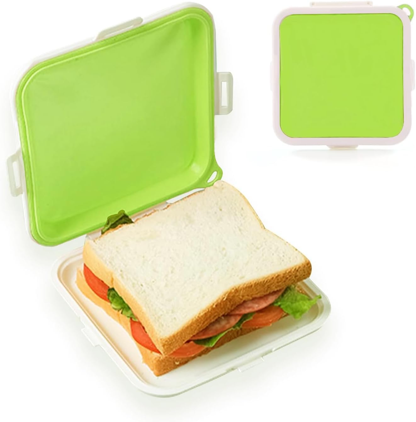 Sandwich Box, Silicone Sandwich Storage with Snap-Off Lids, BPA Free, Leakproof, Reusable Plastic Sandwich Holder for Fruit, Salad, Snacks and Food Storage (Green)