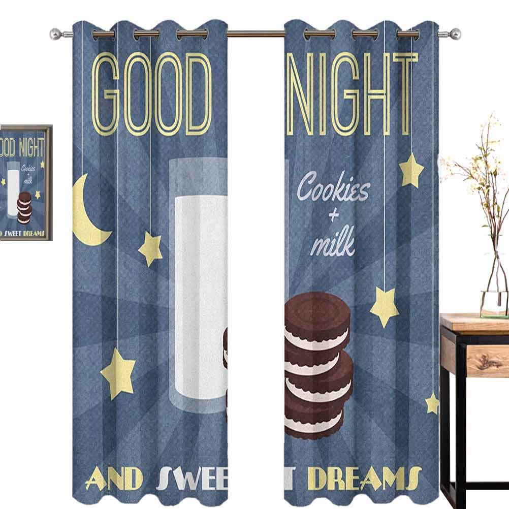 Sweet Dreams Room Darkened Heat Insulation Curtain Retro Poster with Chocolate Biscuits and a Glass of Milk Good Night Quote Living Room Curtains W96 x L96 Inch Multicolor