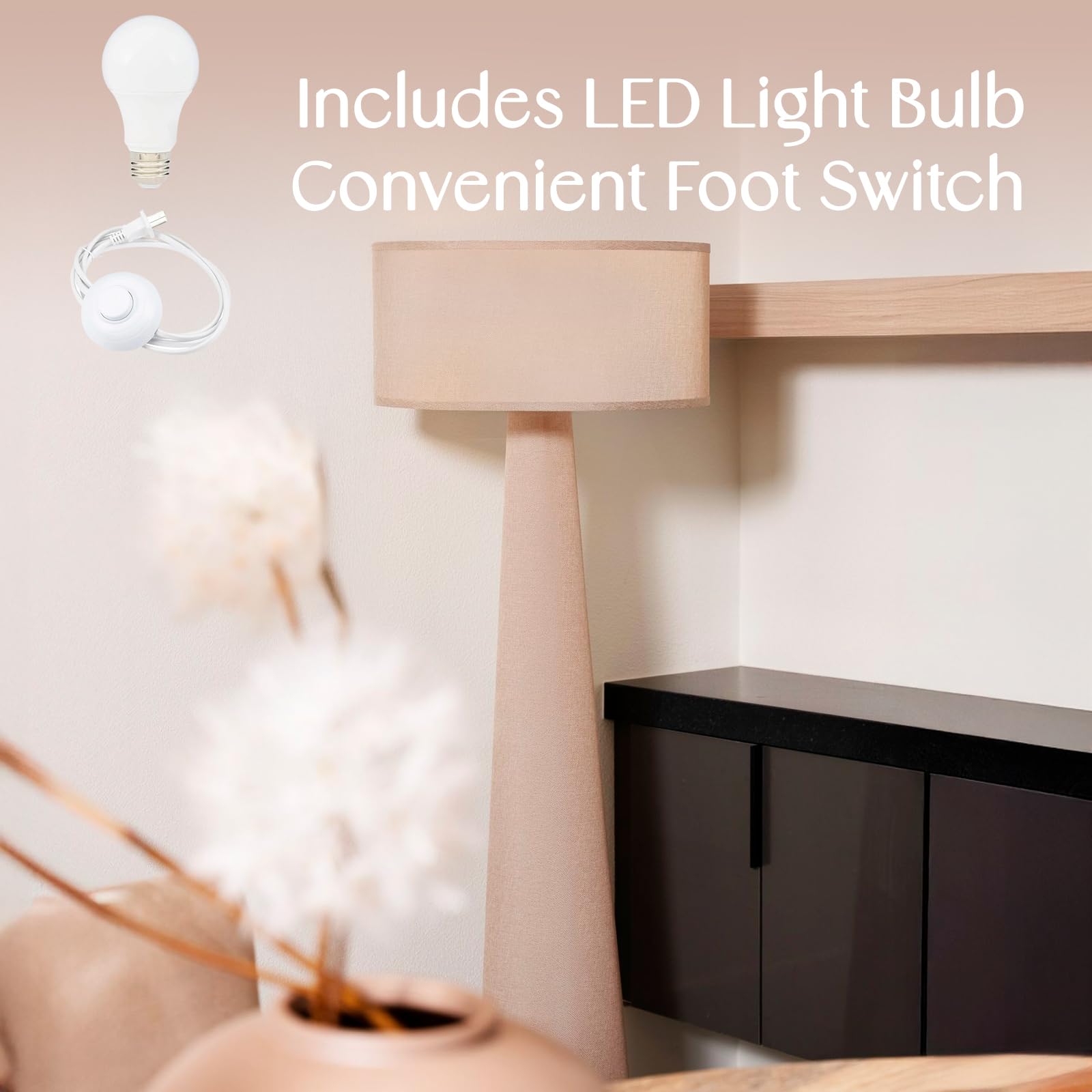 Lampa podłogowa, gałąź i knot, wysoka stojąca lampa lniana z kloszem z tkaniny, żarówka LED w zestawie - elegancka lampa narożna do salonu, sypialni, biura - taupe