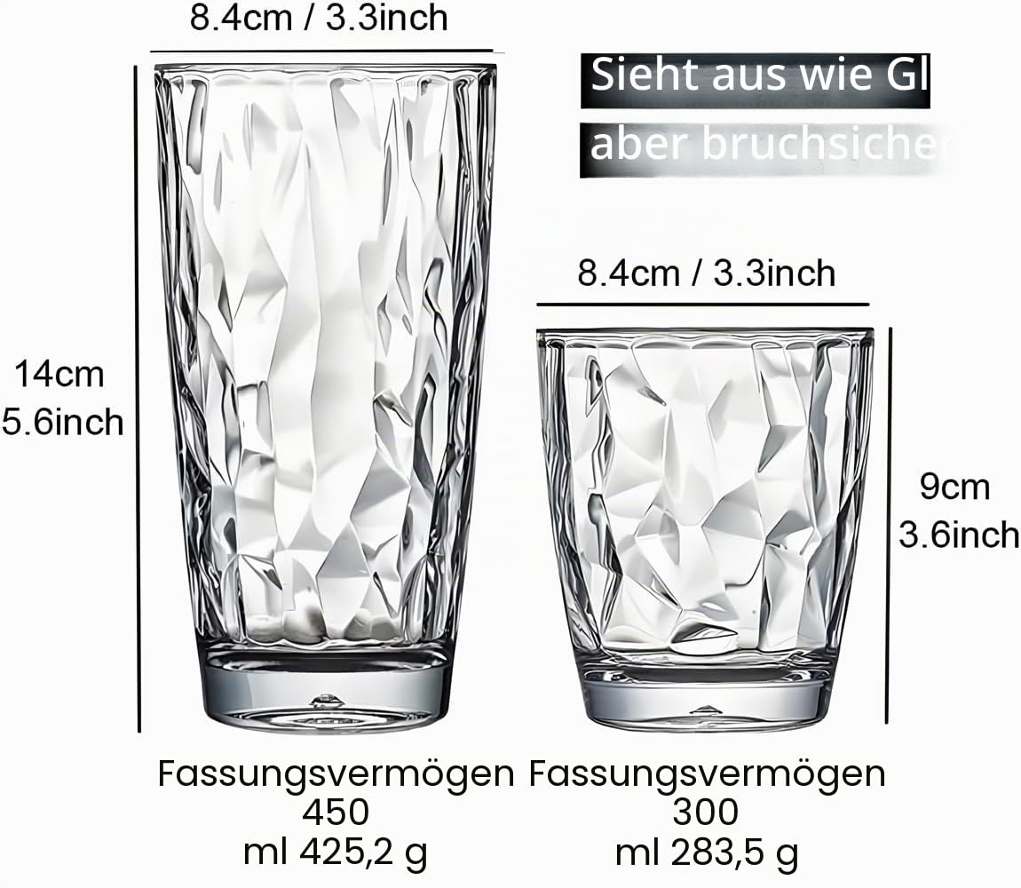 [aussehen wie Glas] 450 ml Set mit 8 Kunststoff-Trinkgläsern, spülmaschinenfest, BPA-frei, unzerbrechlich, Saftgläser, Acrylgläser, wiederverwendbare Highball-Wassergläser