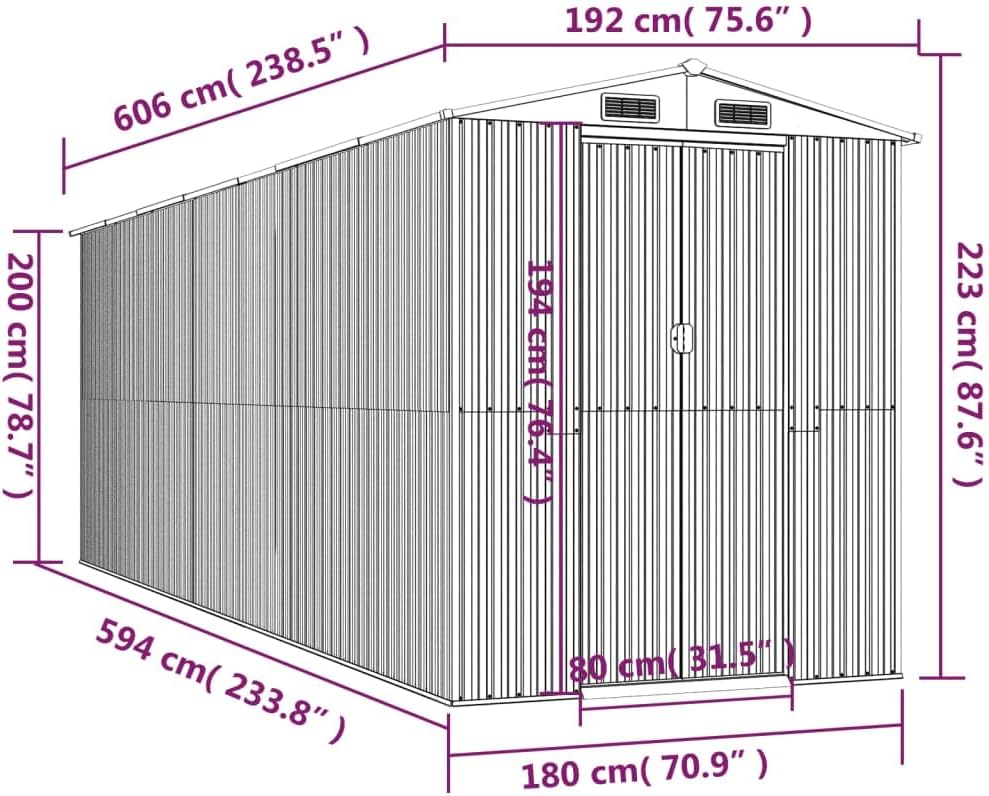 Diagram showing dimensions of the vidaXL garden shed