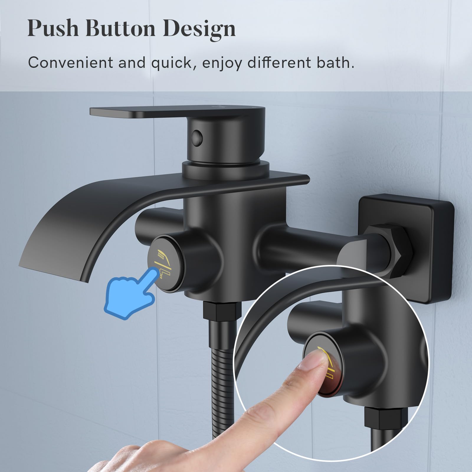 Grifo de bañera con cascada KULACO negro, mezclador de latón con interruptor de presión, montaje en pared