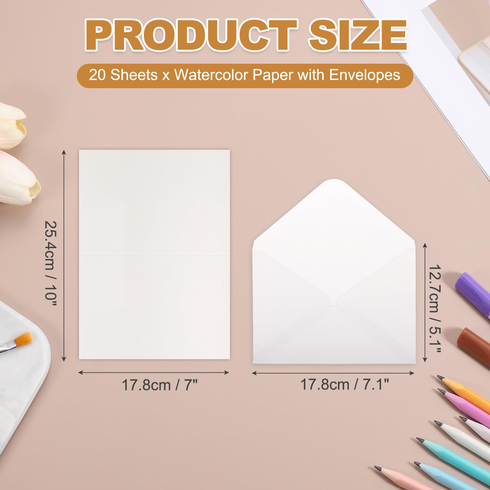 MECCANIXITY Lot de 40 feuilles de papier aquarelle avec enveloppes, 17,8 x 25,4 cm, 63,5 kg/300 g/m², papier aquarelle presse à froid pour carnet de croquis, journal (coin droit)