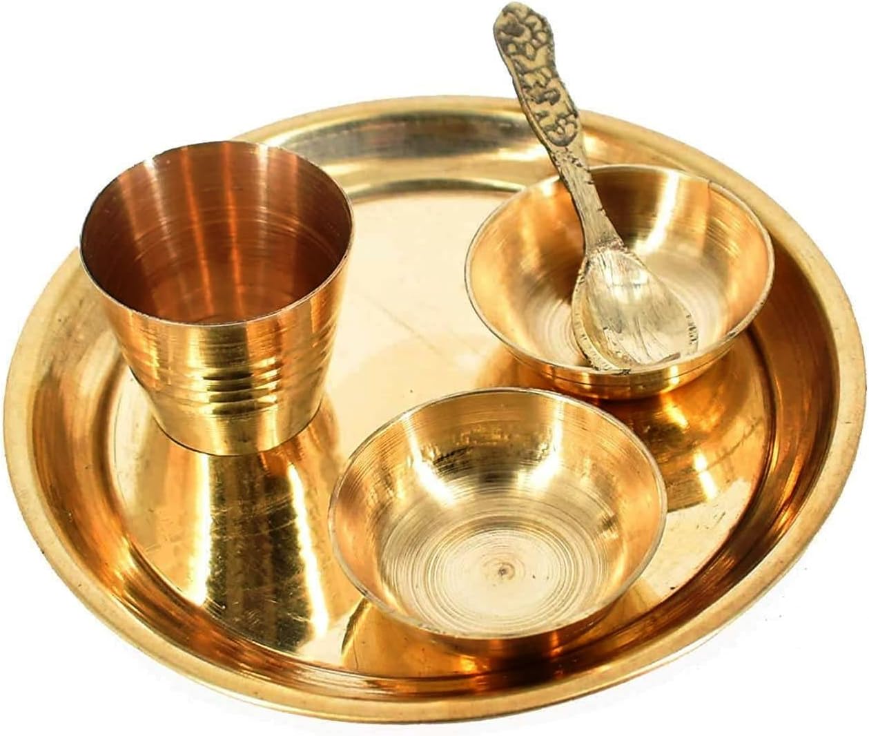 Brass Bhog Thali 11cm Plate Laddu Gopal/Krishna Pooja Set with 1 Thali 2 Katori, 1 Glass, 1 Spoon for Temple Home Office Festival Diwali Gift Golden SM-001