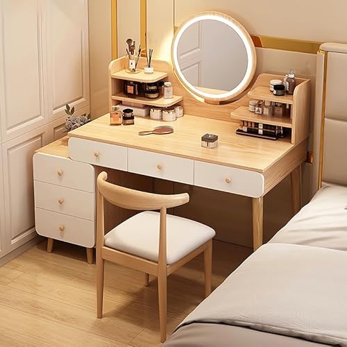 FKTEVETI ドレッサー 化粧台 チェスト 洋服タンス 3色LEDライト 一体型チェスト ドレッシングテーブル 6つの引き出し付きデザイン 40CM幅広デスクトップ 安定した耐荷重200kg (100-115) CMフレキシブル拡張 バニティデスク ミ
