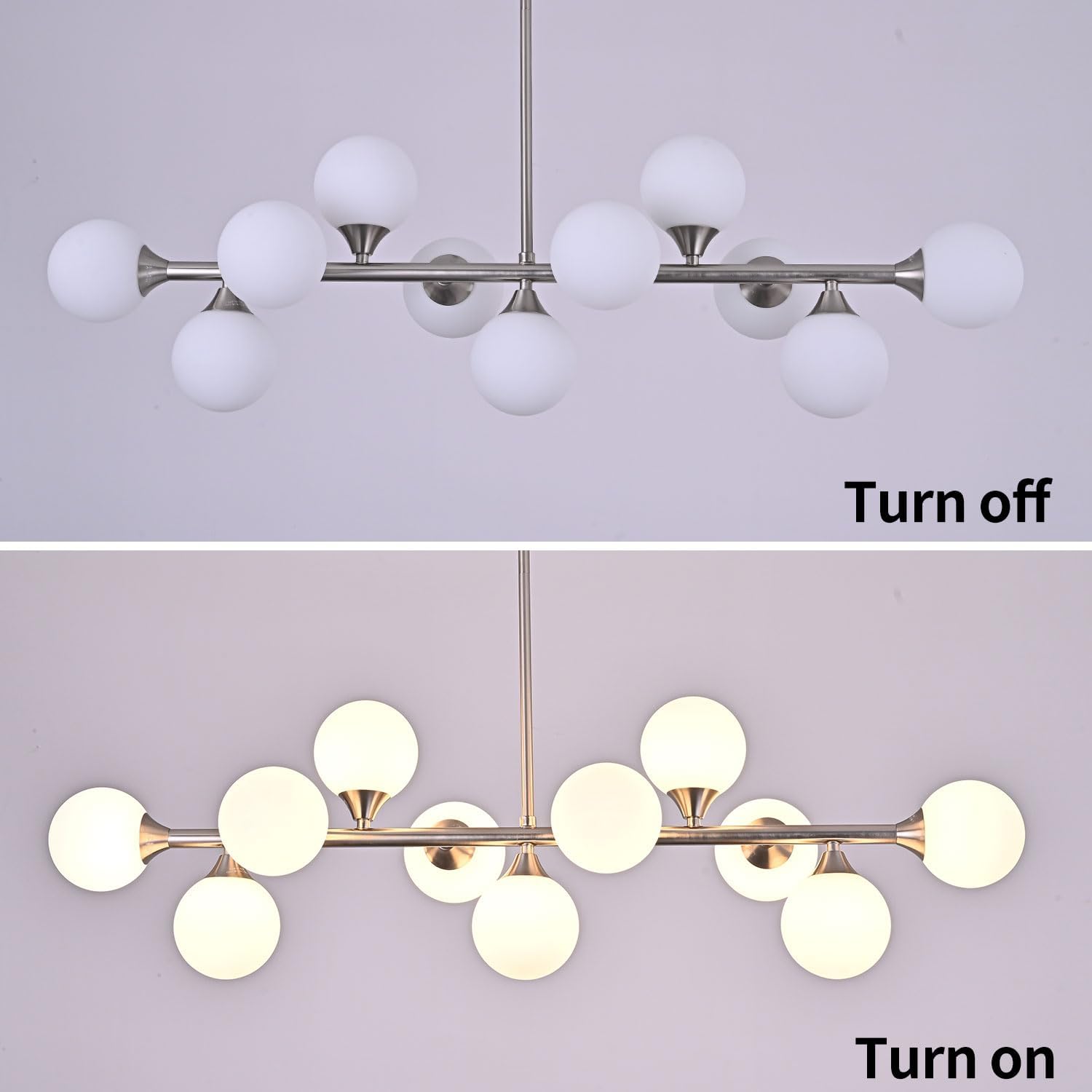 Mid Century Modern Brushed Nickel Chandelier 11-Light Linear Chandeliers for Dining Room and Kitchen Island, Dining Light Fixture Over Table, wthe White Glass Bubble, 40 Inch