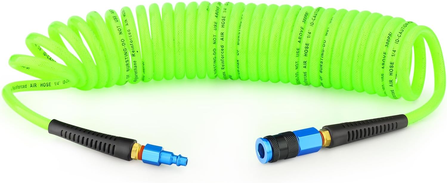 GASHER 1/4" x 25FT Black Reinforced Polyurethane Air Hose With Bend Restrictor, 1/4" AMT Universal Air Coupler, For Air Compressor