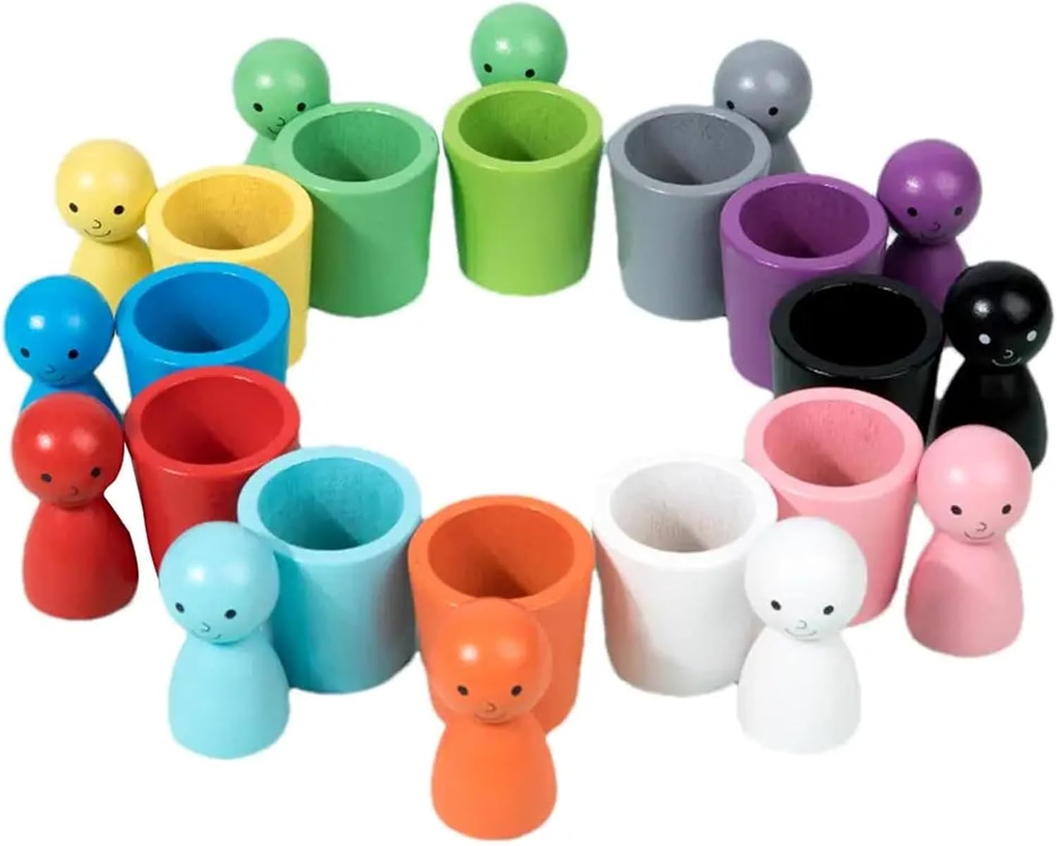 pureza Montessori Color Sorting Supplies - Wooden Peg Dolls in Cups for Education and Sensory Play