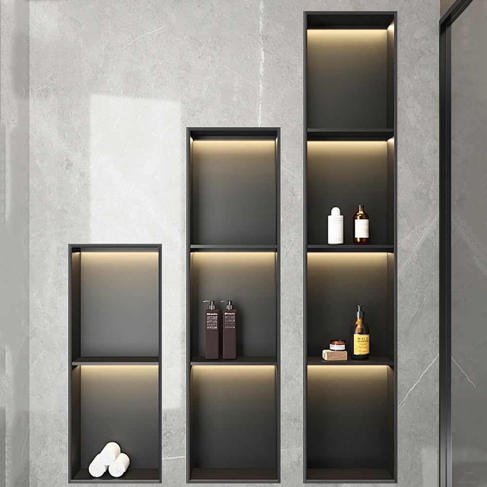 Nicho de Ducha de Acero Inoxidable con luz LED, Estante de Ducha Organizador Empotrado, Organizador de Pared Impermeable para baño (Negro, 90 x 28 x 12,5 cm)