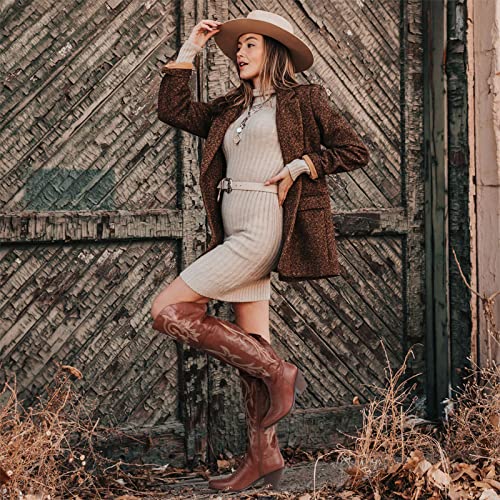 Vomira Knee High Boots For Women Pointed Toe Chunky Cork Heel Knight Boots Vintage Embroidery Cowgirl Over The Knee Boots #TOP3