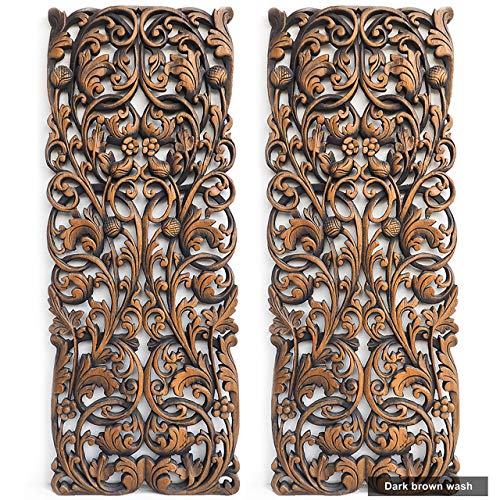 Bed Headboard Double Size Floral Hand Carved Reclaimed Wooden Rustic Panels Decoration Sculpture Accent From Thailand 14X36 Inches #TOP3