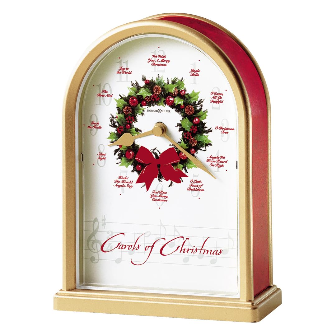 Howard Miller Carols of Christmas II Table Clock 645-424 – Satin Brass Finish, Red Marble Tone Sides, Decorative Wreath Center, 12 Musical Carols, Quartz Movement