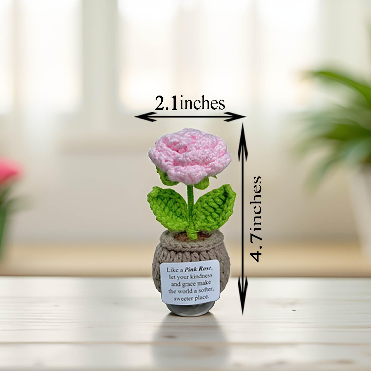 Handmade Crochet Flower Pots with Card | Decor, Gift, Appreciation for Women, Best Friends, Teachers, Coworkers | Perfect for Birthday, Christmas, Mother’s Day, Special Occasions (Pink Rose)
