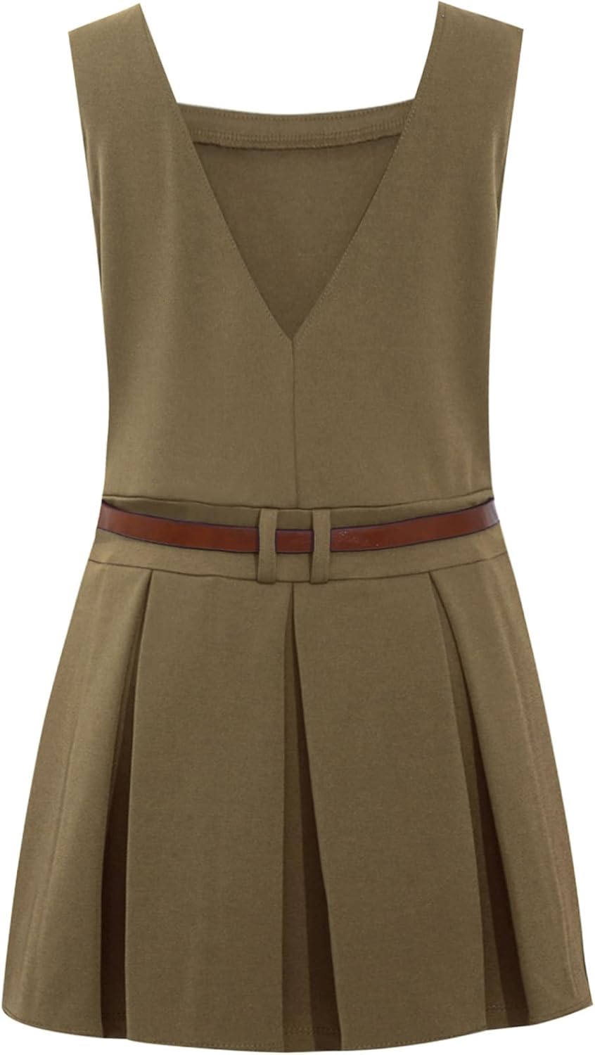 FEESHOW Kids Girls School Uniform Dress Square Neck V-Back Sleeveless Pleated Dress with Belt Daily Wear