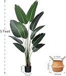 Ferrgoal Artificial Plants Bird of Paradise Plant 5Ft Fake Plant Fake Tropical Palm Tree with 10 Leaves and Black Pot in Woven Seagrass Belly Basket for Home Indoor Outdoor Office Decor Green 1 Pack