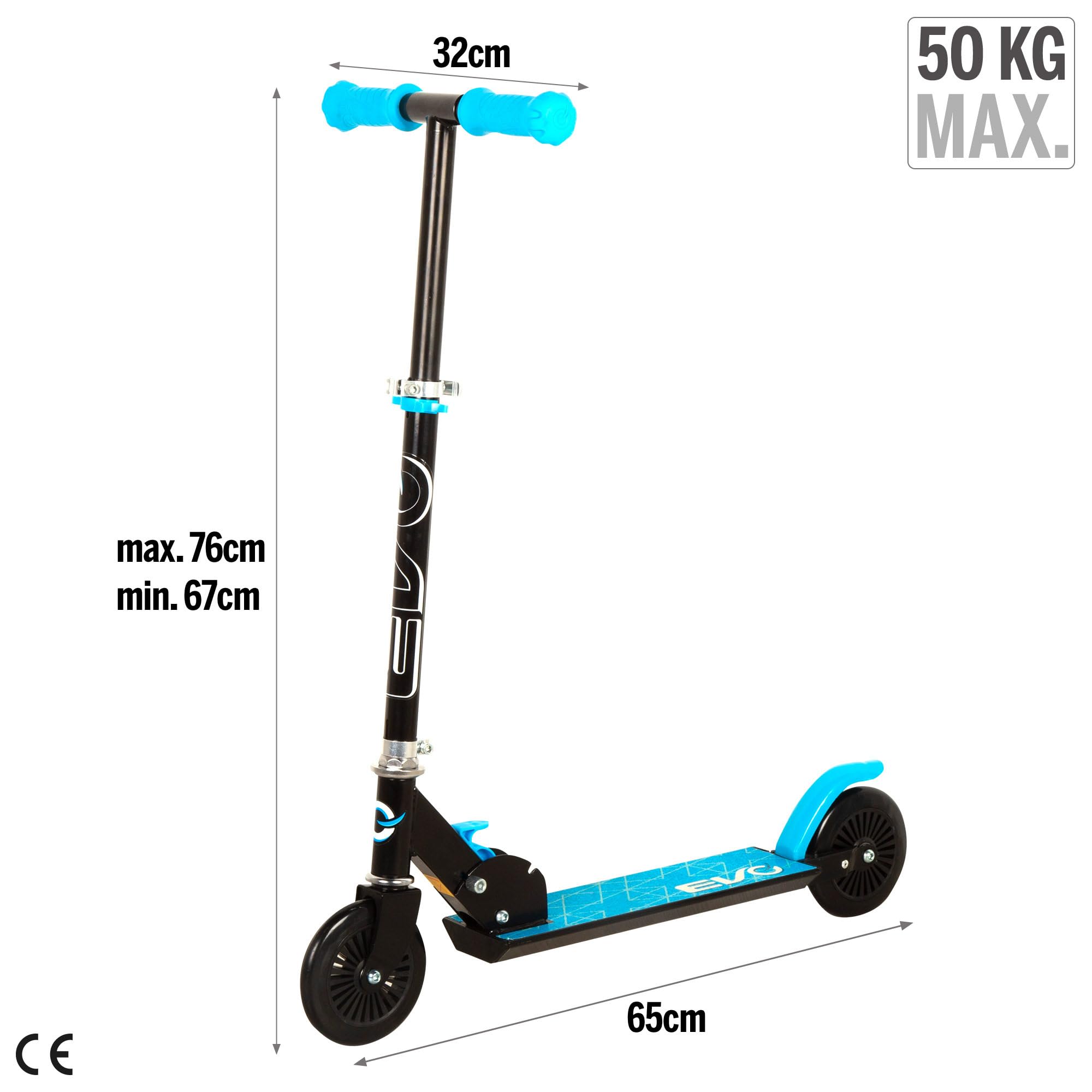 ColorBaby EVO Patinete 2 Ruedas Plegable, Color Azul, Manillar Ajustable 3 Alturas, Freno Trasero, ABEC-5, Tamaño 65x32x76 cm, Peso máx. 50 kg, Juguetes niños 5 años, Patinetes Infantiles (54342)