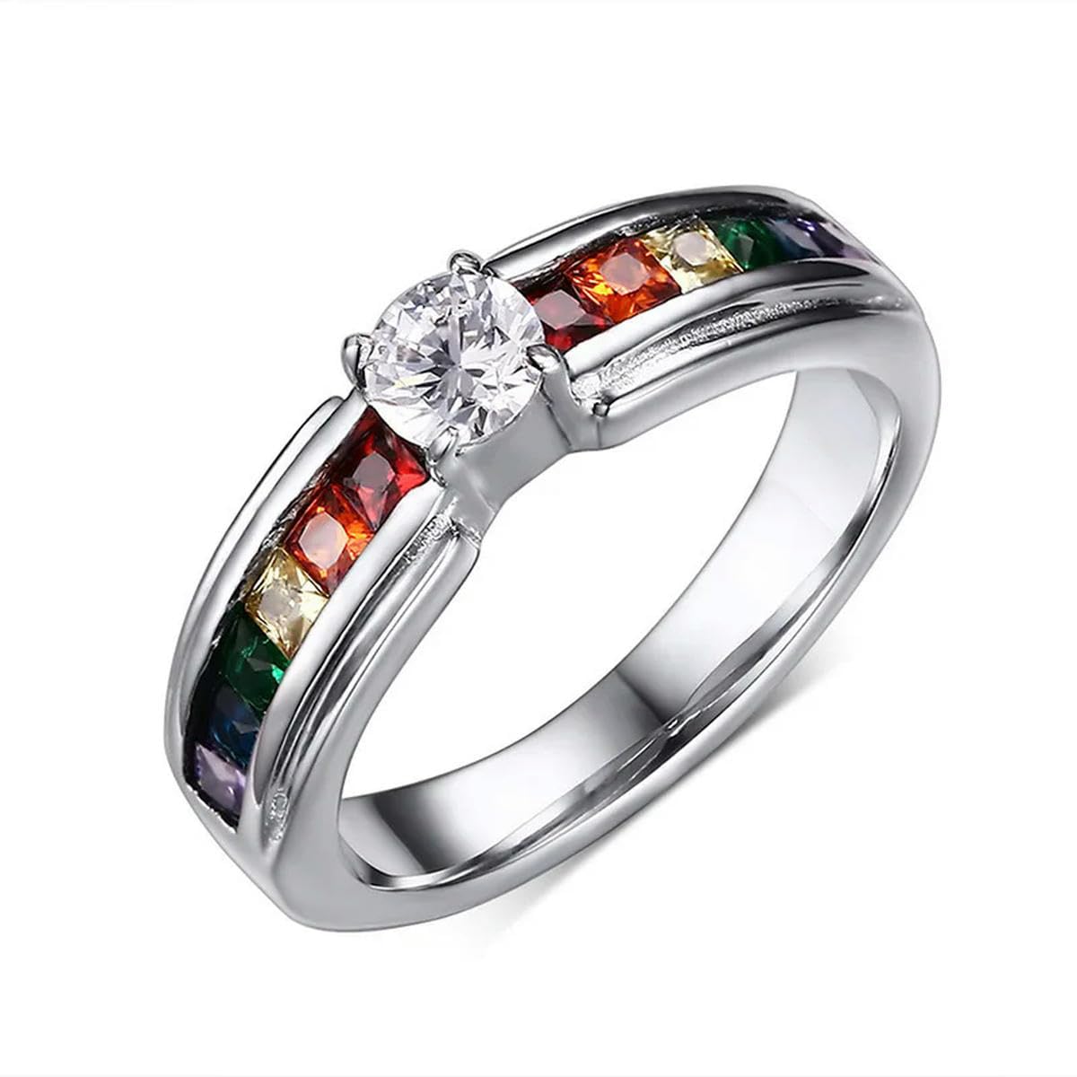 YAHOYA Fashion Rainbow Ring Colorful Rhinestone Accessories Men and Women Inlaid Zircon Titanium Steel Ring
