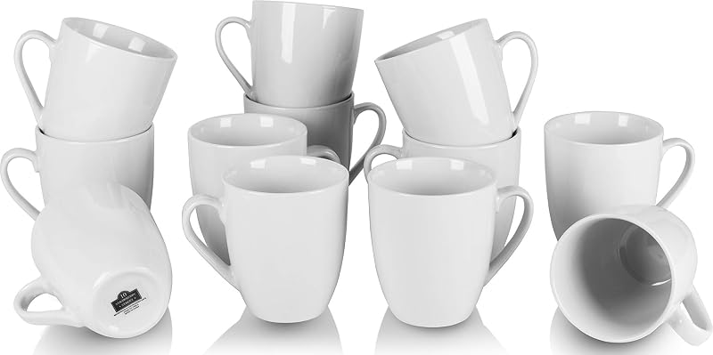 Catering Tazas de café de cerámica de 12 oz, redondas, juego de 12, blancas - Tazas de café para café, té, café con leche y bebidas calientes para uso diario, aptas para microondas y lavavajillas