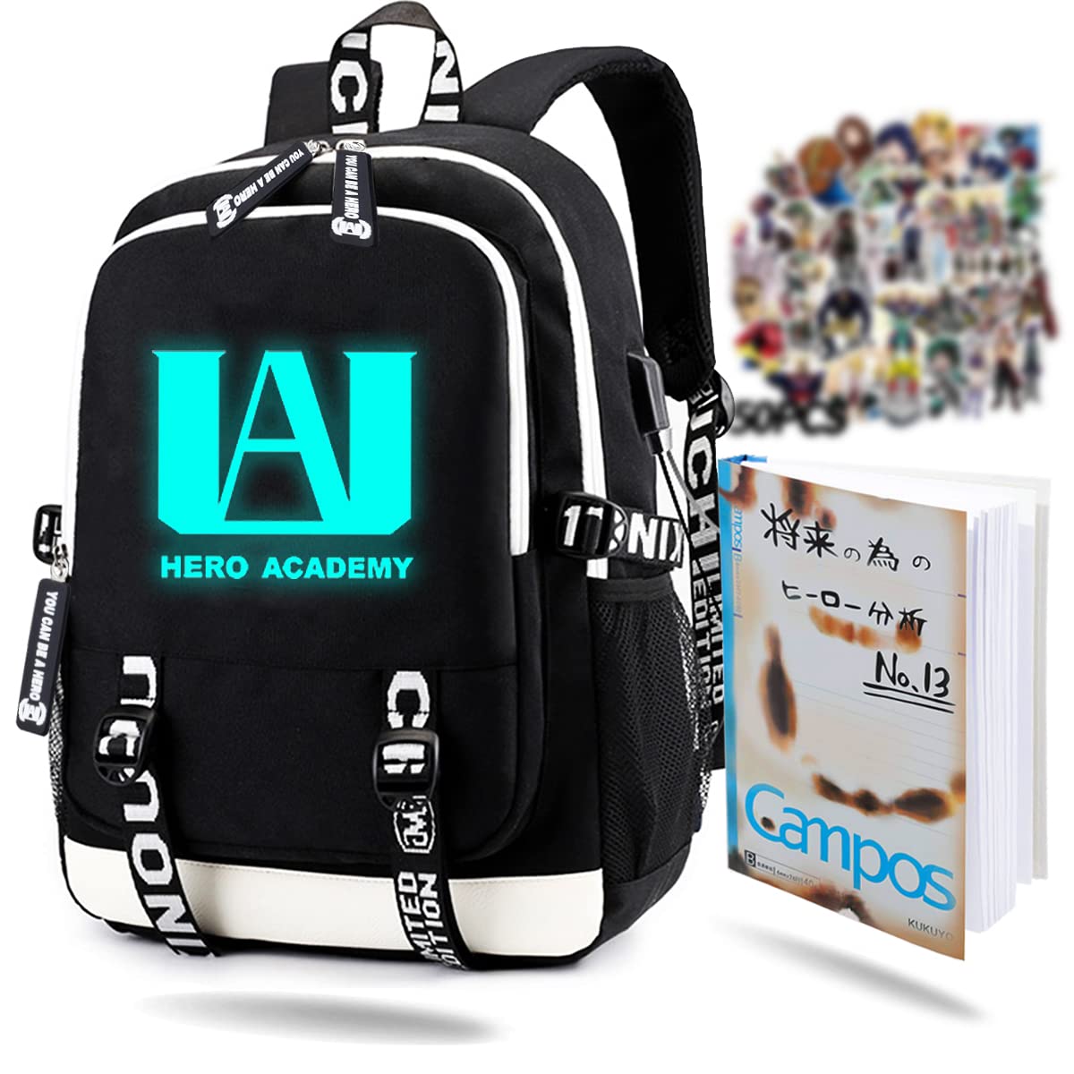 blackniuniu My Hreo Backpack with USB Charging Port Unisex MHA BNHA Izuku Notebook