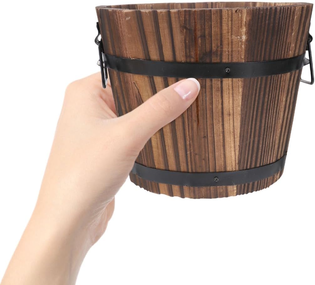 DOITOOL Rustic Wooden Barrel Planter: Wood Whiskey Barrel Bucket Flower Pots Indoor Outdoor Plants Boxes Container for Home Garden Patio Backyard - 7.08 x 5.9 x 5.1 inches