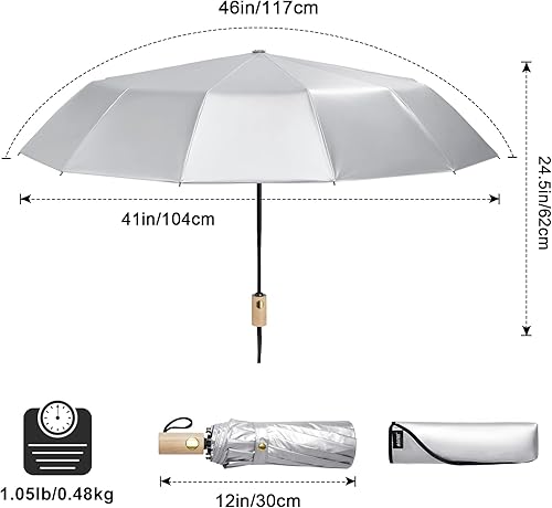 Miniatura 4 de G4Free Paraguas de viaje grande de 46 pulgadas con protección UV UPF 50+ con mango de madera, 12 varillas de fibra de vidrio, súper resistente al