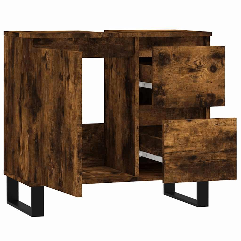Szafka łazienkowa dąb wędzony, 65 x 33 x 60 cm, materiał drewnopochodny z żelaznymi nóżkami i elastycznym montażem na drzwiach zapewnia stylowe miejsce do przechowywania w łazience
