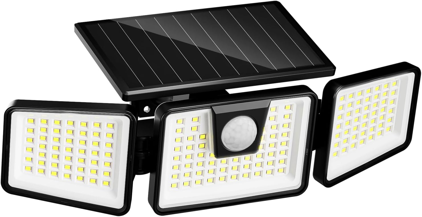 INCX Solar Motion Sensor Lights Outdoor, 3 Heads Security Lights Solar Powered, 156 LED Flood Light Motion Detected Spotlight for Patio Yard Garage Entryways, IP65 Waterproof 1 Pack