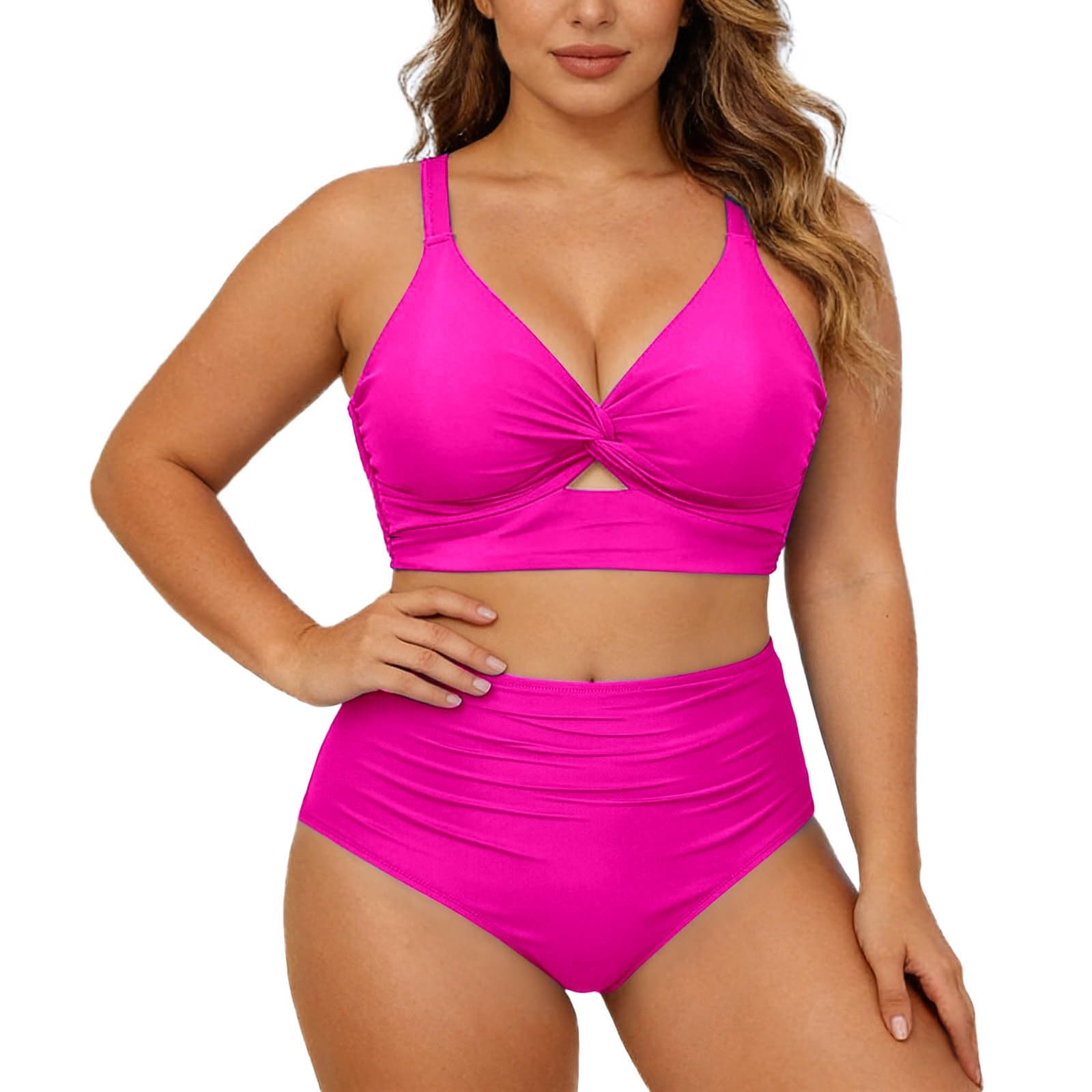 Traje de baño Dos Piezas Talla Grande Bikini Cintura Alta Top sujeción V Escote Ideal Playa Verano