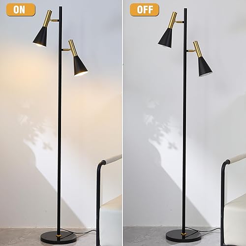 Miniatura 6 de Asmymh d - Lámpara de pie moderna con 2 cabezales ajustables para sala de estar, dormitorio, oficina, luz de esquina dorada y negra para lectura