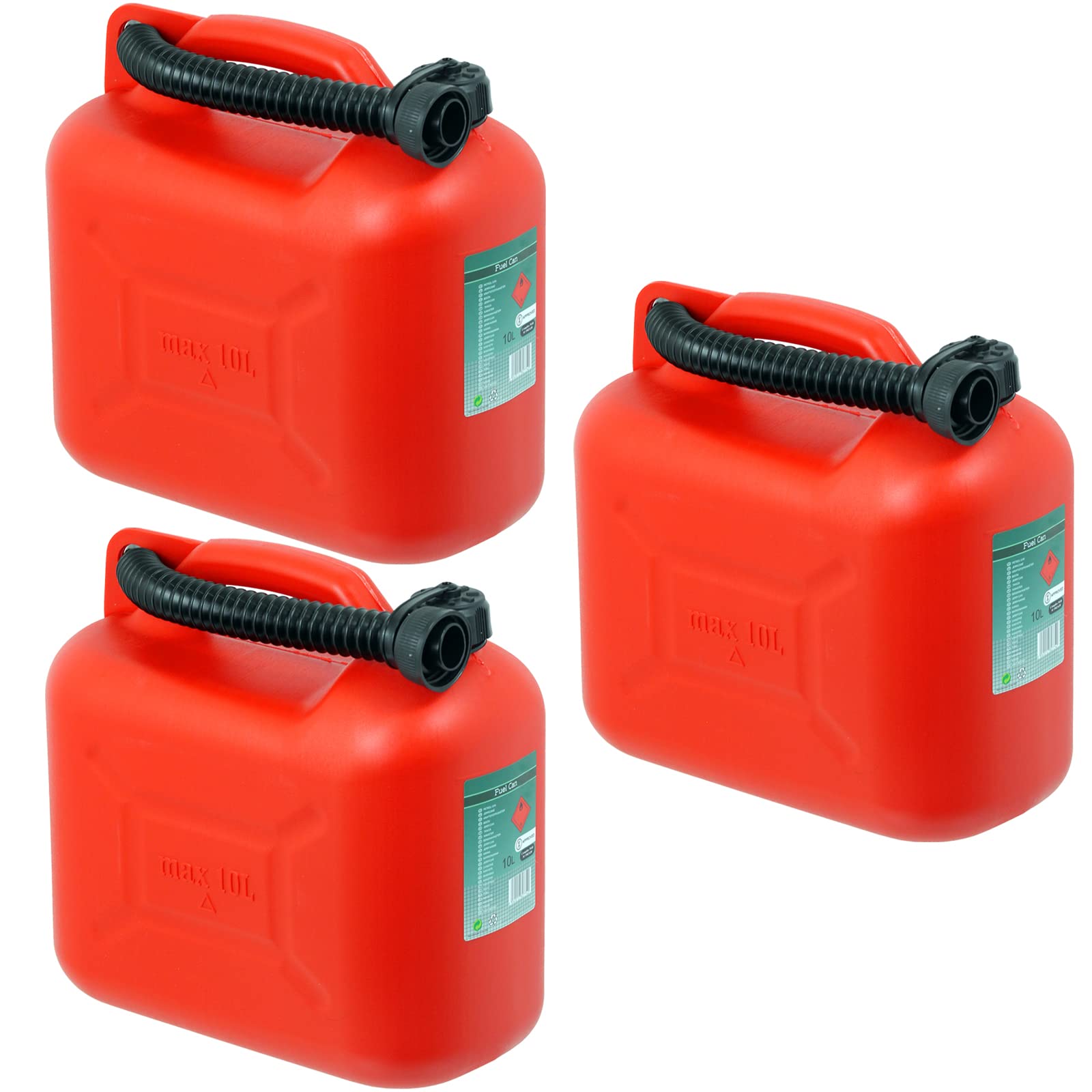 Spares2go Red Fuel Can Petrol Diesel Jerry Canister With Flexible Spout (10L, Pack Of 3)