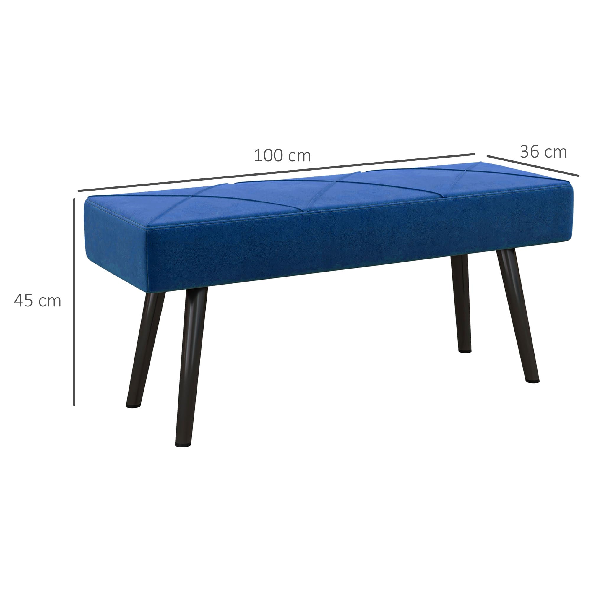 HOMCOM Banc rembourré Aspect Velours avec Motif X et Pieds en Acier pour Chambre à Coucher, Salon, Couloir 100 x 36 x 45 cm Bleu