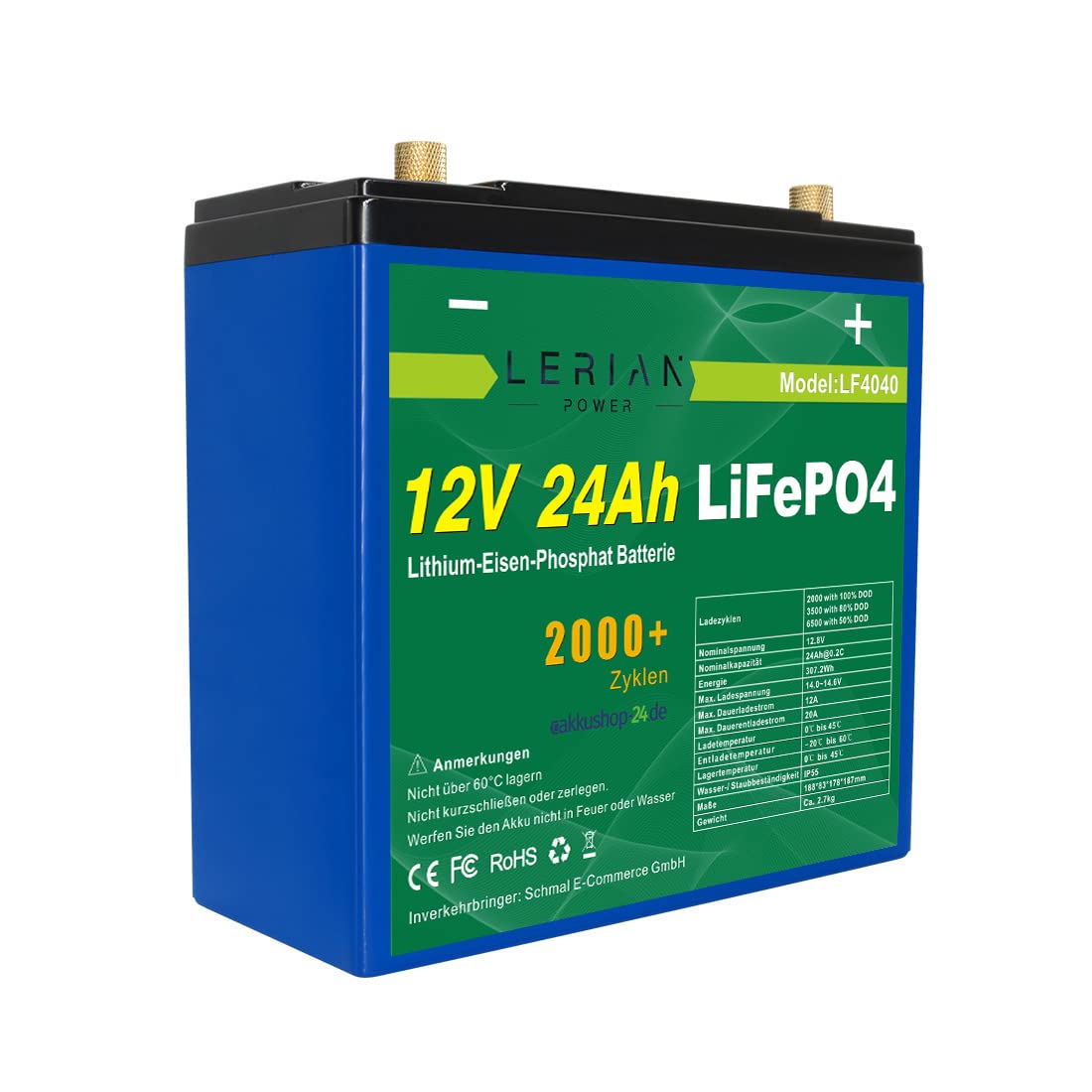 LiFePO4 - Batteria al litio da 12 V, 24 Ah, 20 A, per campeggio, barca, roulotte solare