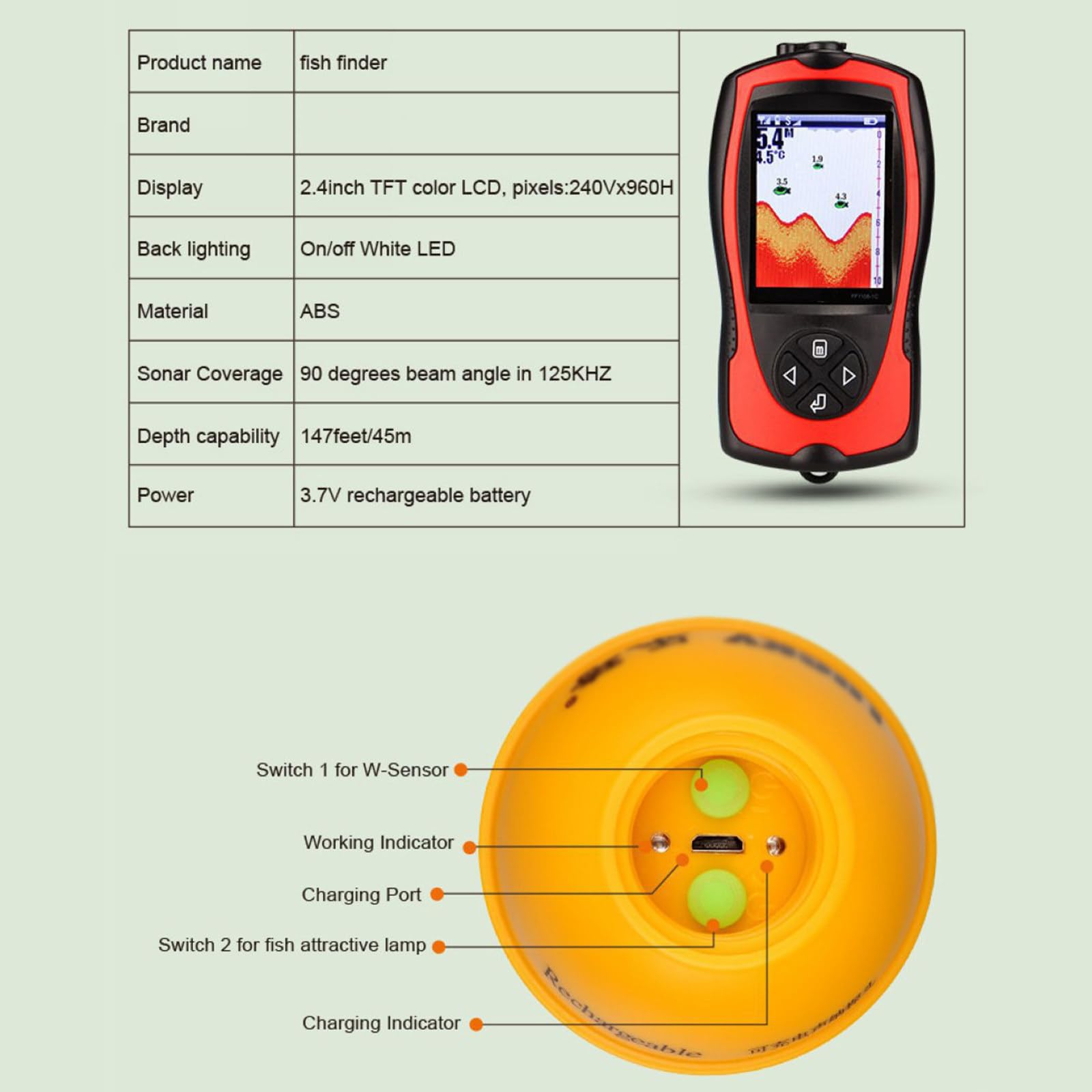 Ecoscandaglio wireless ricaricabile per pesca Ecoscandaglio portatile per pesca con profondità dell'acqua 45M