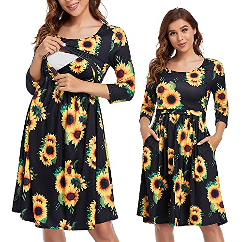 Image of GLAMIX Women's Nursing Dress 3/4 Long Sleeve Casual Breastfeeding Dresses with Pockets