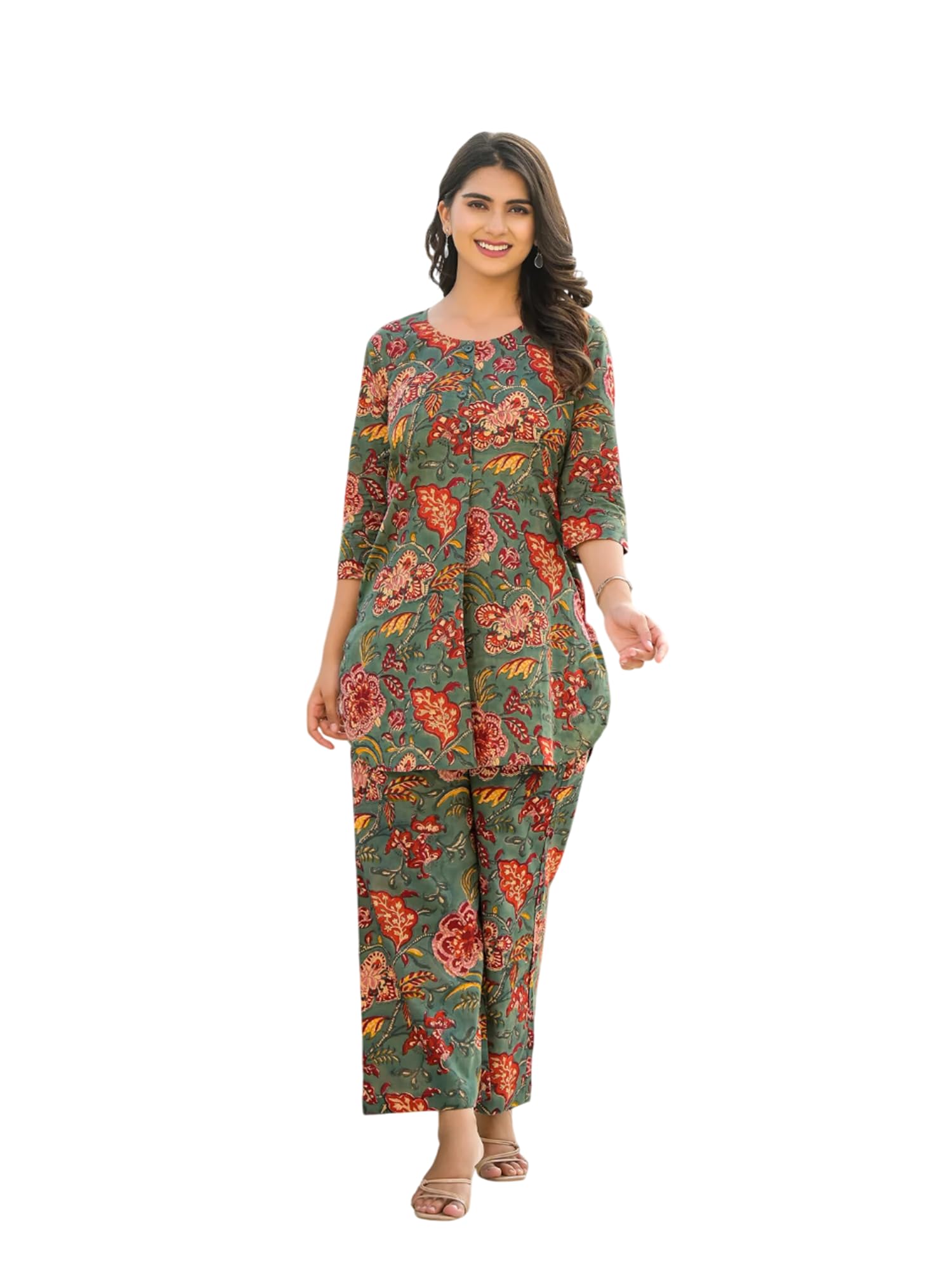 Fabnex Women's Cotton Blend Floral Printed Kurta Set With Palazzo | Ethnic Wear Kurti Pant Set (K-119-120) (Green, Xl)