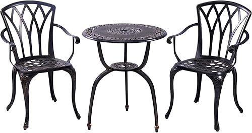 CG Bistro - Juego de 3 piezas de aluminio fundido para exteriores con agujero para sombrilla y reposabrazos, juego de mesa de bistró al aire libre,