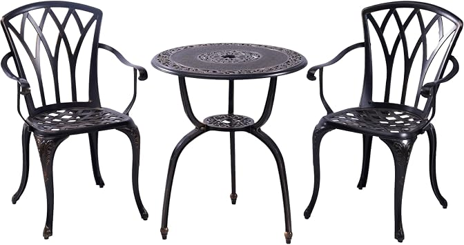 C/G Bistro Set 3 Piece Outdoor Cast Aluminum Patio Bistro Set with Umbrella Hole and Armrests,Outdoor Bistro Table Set,Patio Furniture Set Front Porch Set for Yard Garden Villa Copper