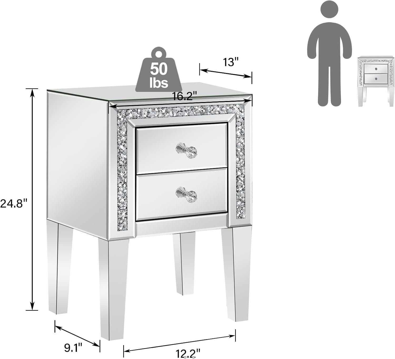 Crushed Diamond Mirrored Nightstand, Silver End Table with 2 Drawers Crystal Handle, Mirrored Bedside Table for Bedroom Living Room, No Assembly Needed