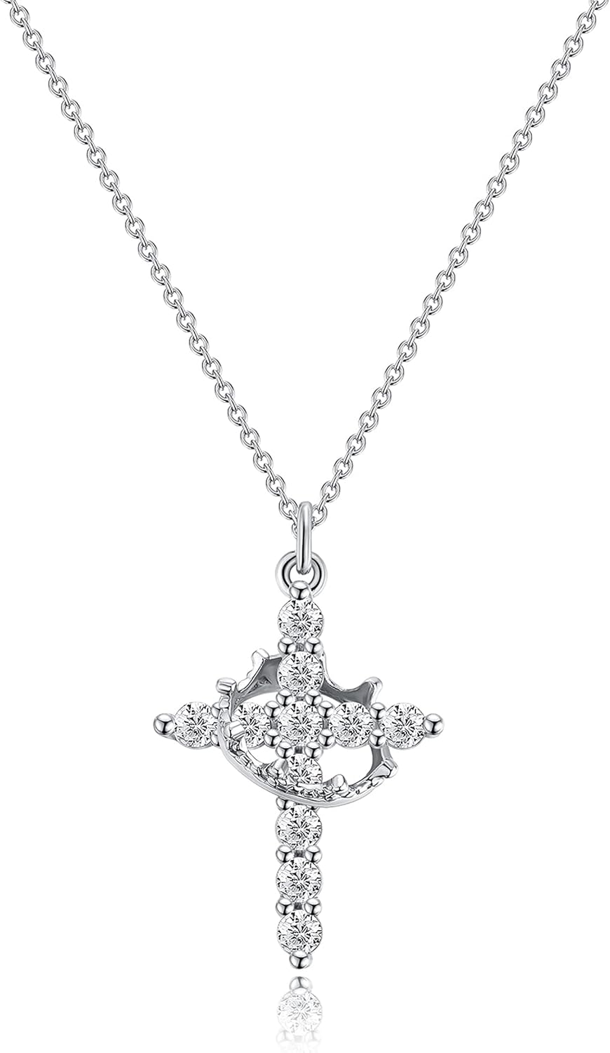 cz silver crown cross necklace