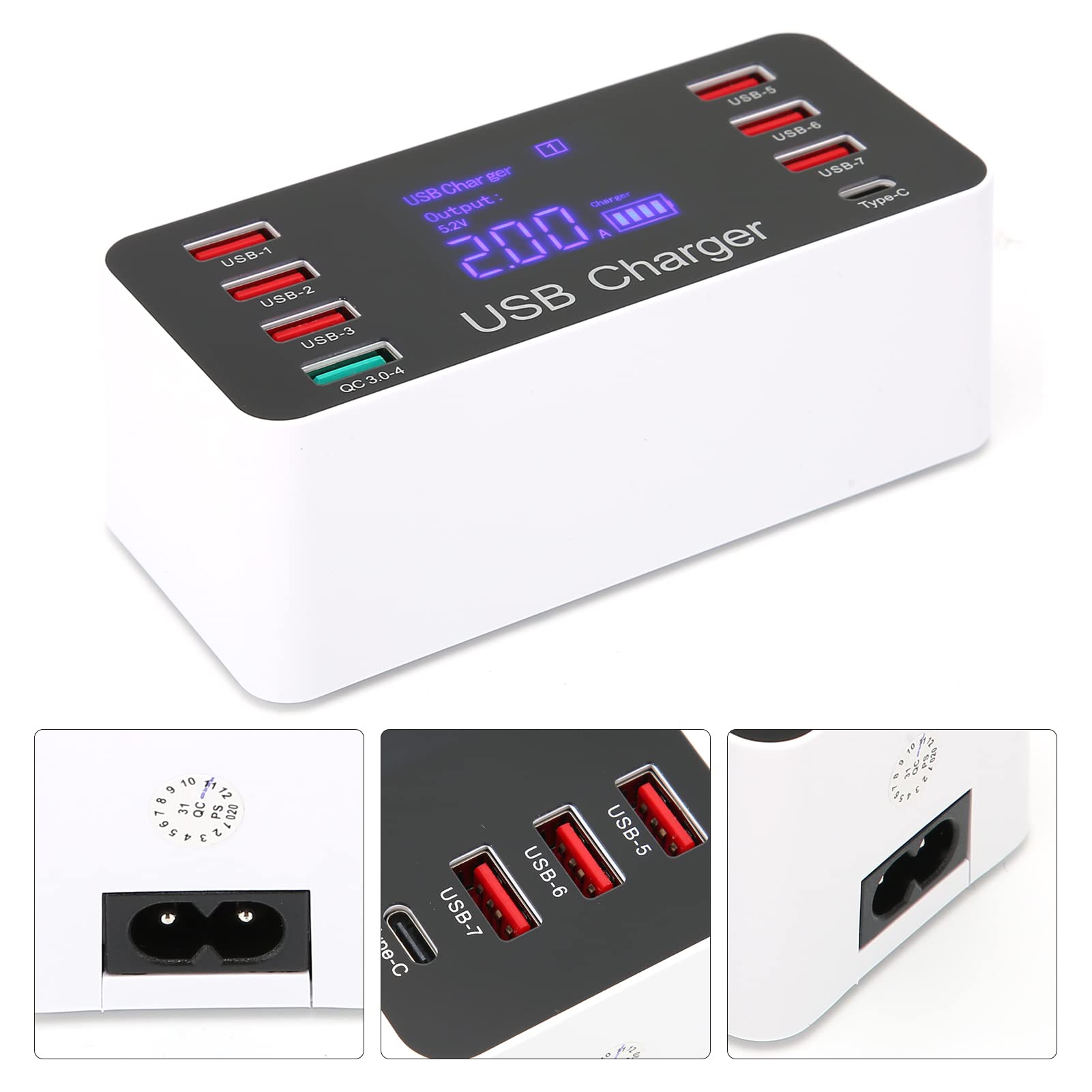 Annadue Cargador USB Hub de Puertos Múltiples, Estación de Carga de Escritorio de 8 Puertos y 40 W, con Pantalla LED, Puerto USB C, Carga Rápida QC 3.0, para Teléfono, Tableta,