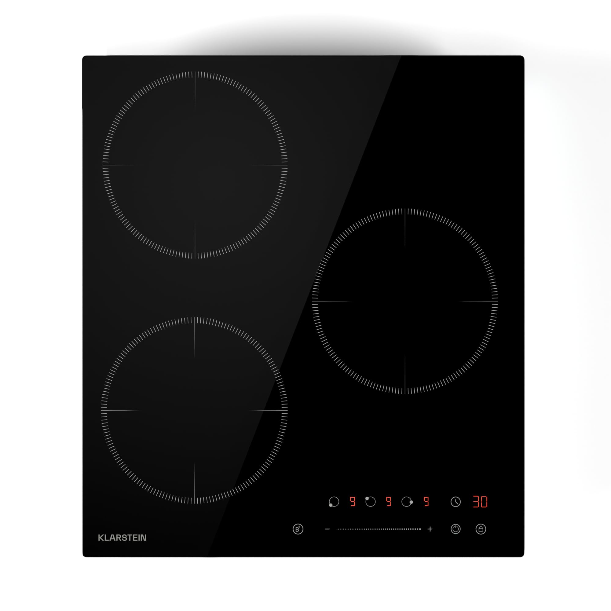 Klarstein Placa Inducción Delicatessa - 3 Zonas, 6600W con Potenciadores, Control Táctil Deslizante, Temporizador & Bloqueo para Niños, Vitrocerámica Negra, Diseño Compacto 45cm
