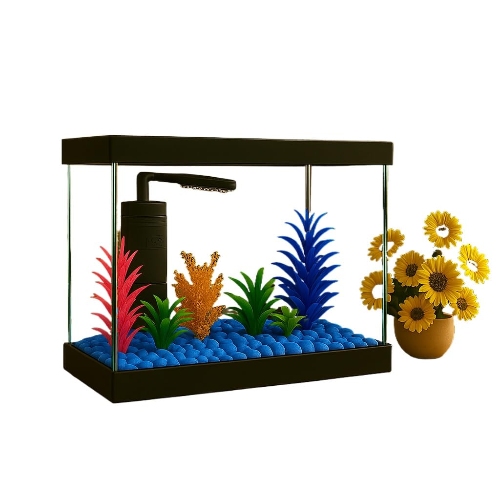 Aquário 11L Completo com Ração, Anticloro, 5 Plantas e 2 Pedras Coloridas - Kit Iniciante