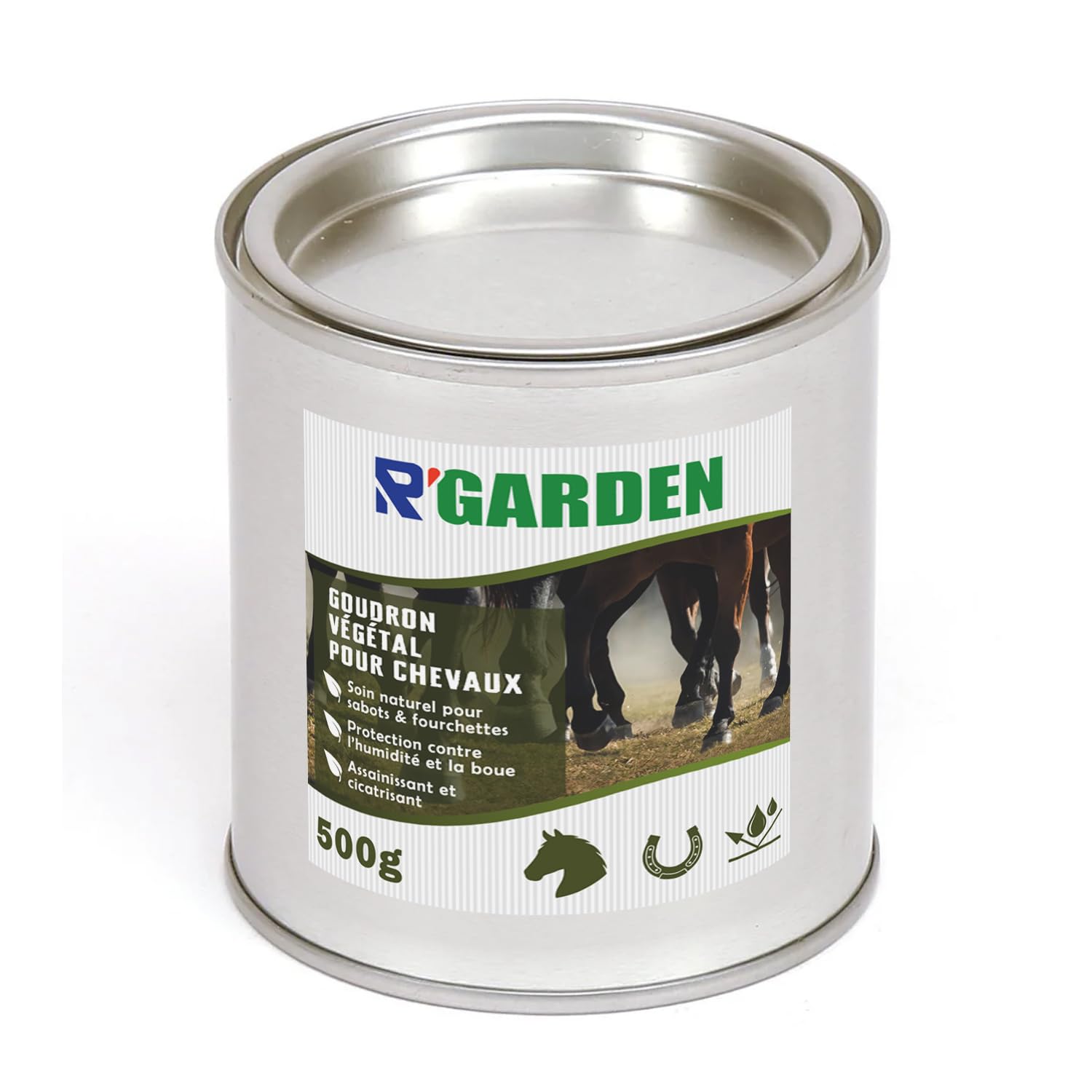 R'GARDEN - Goudron Végétal pour Chevaux – Soin Naturel pour Sabots & Fourchettes – Assainissant et Cicatrisant – Protection Contre l’Humidité et la Boue – Entretien Sabots – 500g