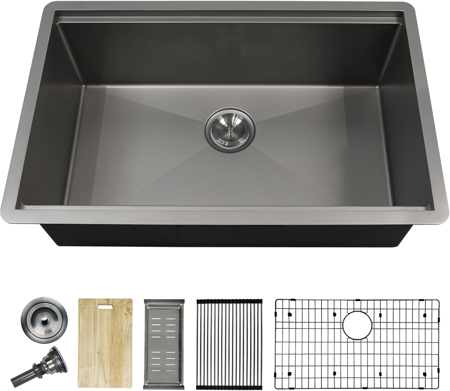 30 Inch Fine Grain Embossed Designed Silver Grey Undermount Kitchen Sink, 18/8 Stainless Steel Single Bowl Kitchen Sinks, Under Counter Kitchen Sink Set with Premium Accessories Included